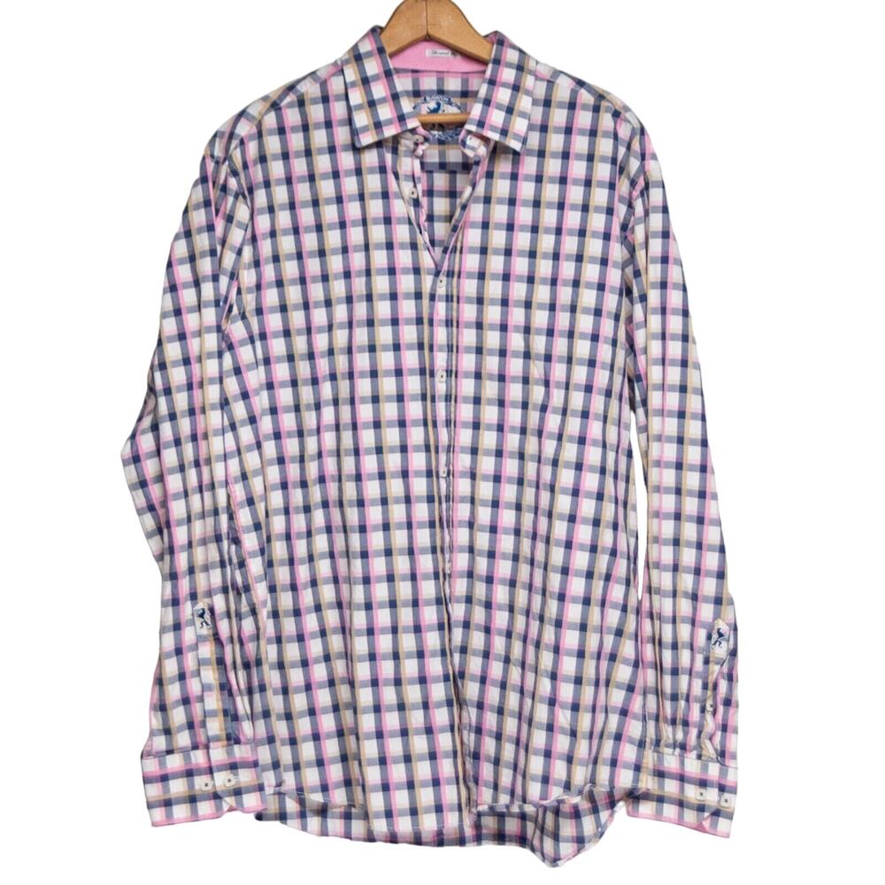 Men's XL Dress Shirt BUGATCHI Button Up Long Sleeve Cotton Blend Pink Blue Gold